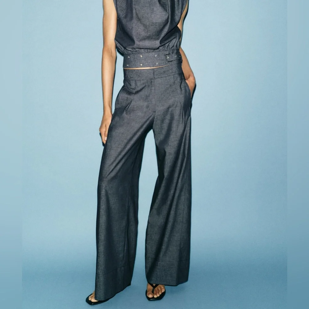 Zara - Indigo Sleeveless High-Neck Wide-Leg Pant Set Size Large - NWT